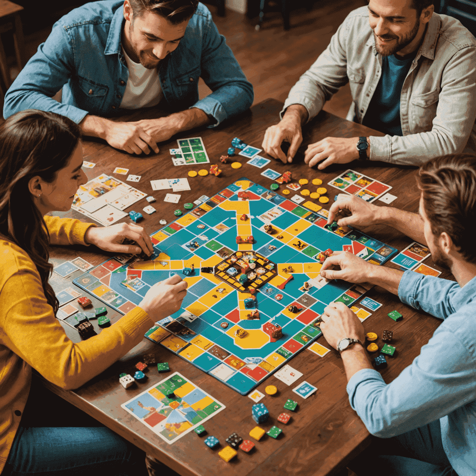 Bir grup arkadaş masada oturmuş, karmaşık bir Avrupa masa oyunu oynuyor. Masanın üzerinde renkli oyun tahtası, kartlar ve oyun parçaları görülüyor. Oyuncuların yüzlerinde düşünceli ve heyecanlı ifadeler var.