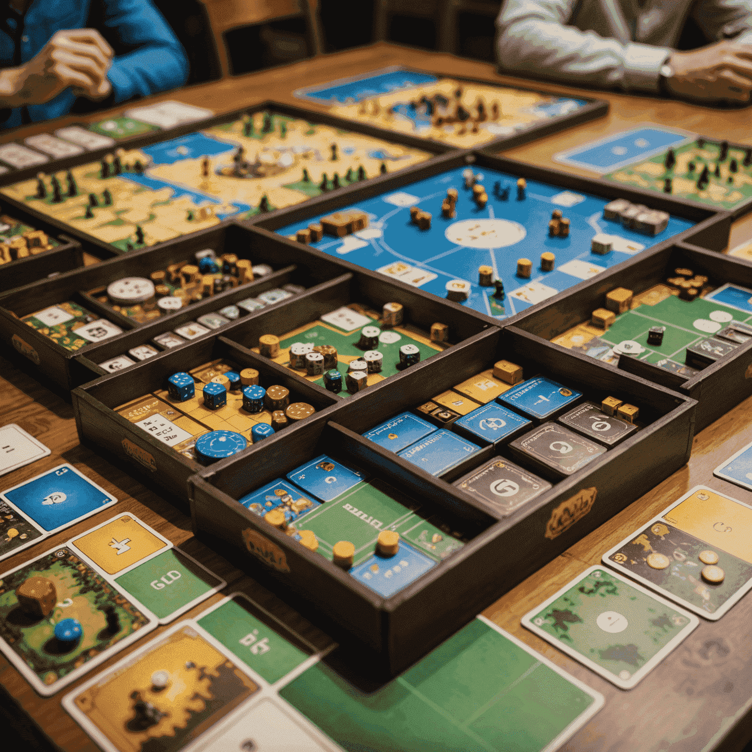 Çeşitli Avrupa masa oyunlarının kutuları bir masada sergilenmiş. Arka planda bulanık bir şekilde oyuncular görünüyor.