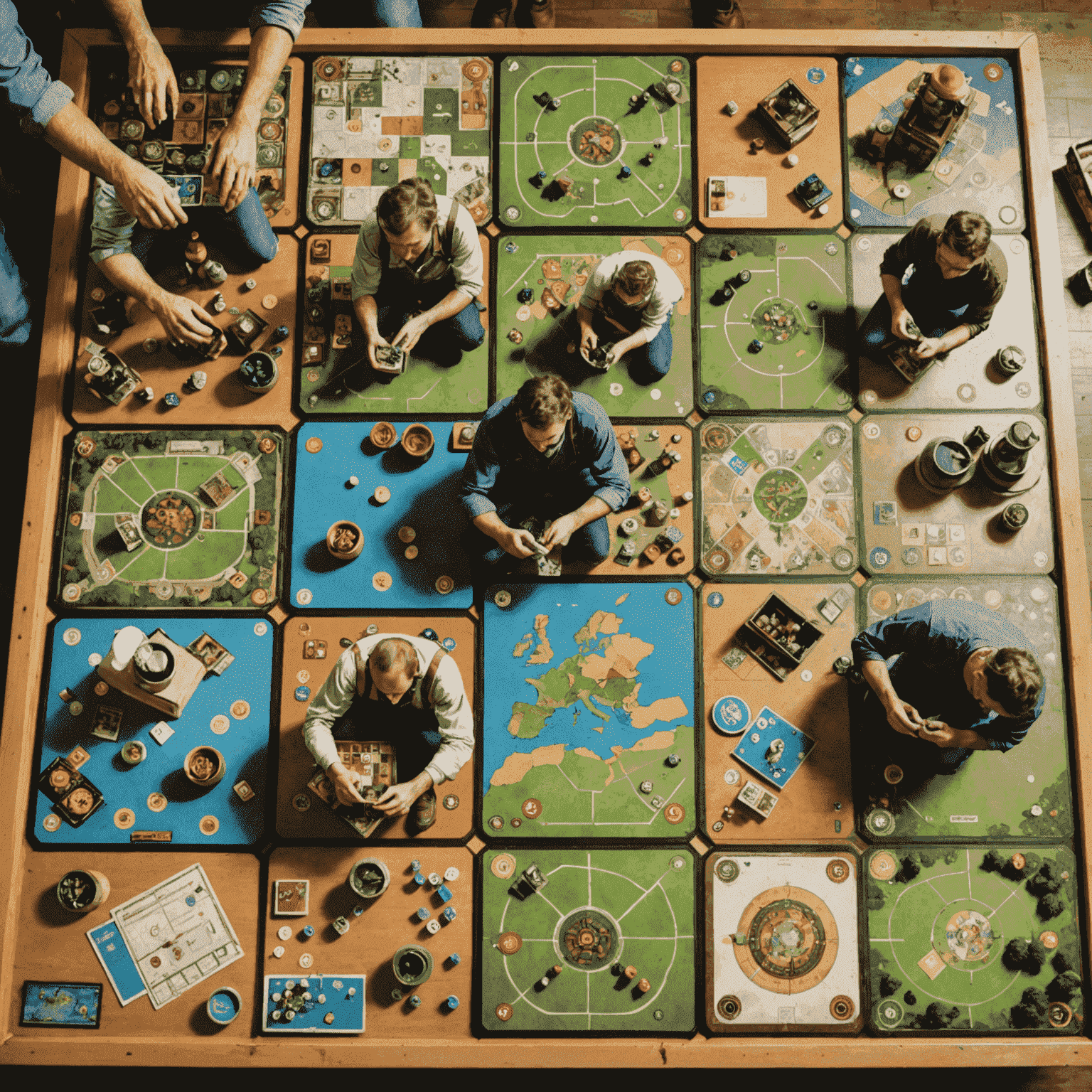 Farklı Avrupa masa oyunlarında işçi yerleştirme mekaniklerini gösteren kolaj