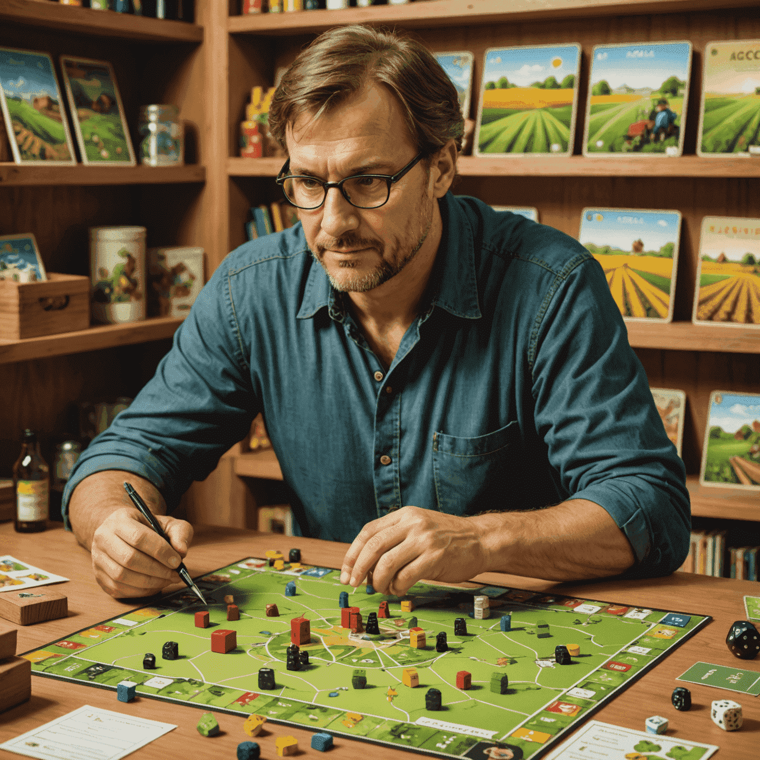 Uwe Rosenberg, masa oyunu tasarımcısı, Agricola oyununun prototipini incelerken. Arka planda, çeşitli oyun parçaları ve tasarım notları görülüyor.