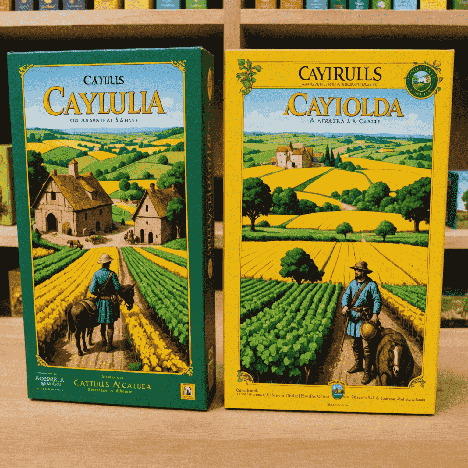 Caylus ve Agricola oyun kutularının yan yana gösterimi