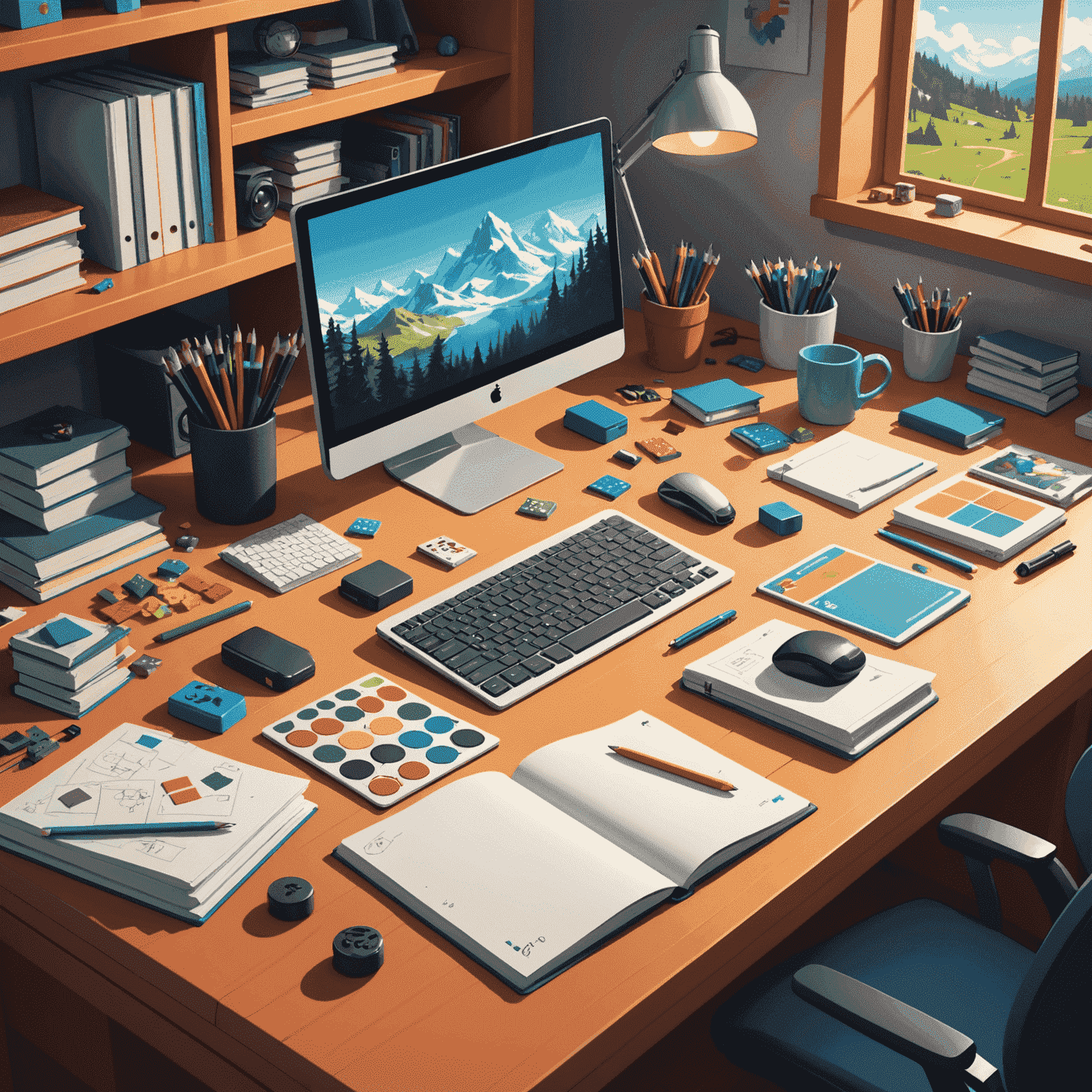 Uwe Rosenberg'in çalışma masası. Üzerinde yarı tamamlanmış oyun prototipleri, not defterleri ve renkli oyun parçaları bulunuyor.