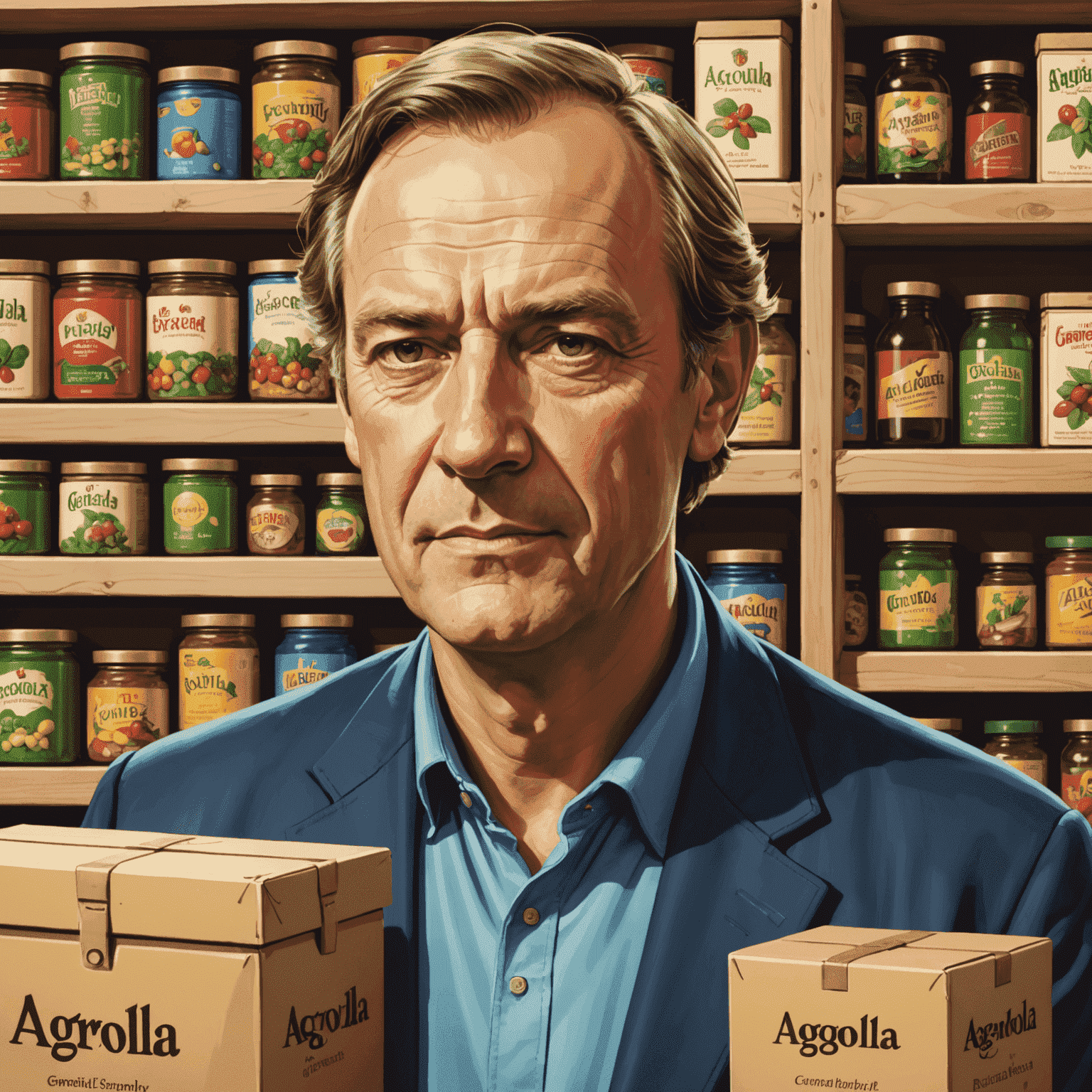 Uwe Rosenberg'in portresi. Arka planda Agricola oyununun kutusu ve oyun parçaları görünüyor.