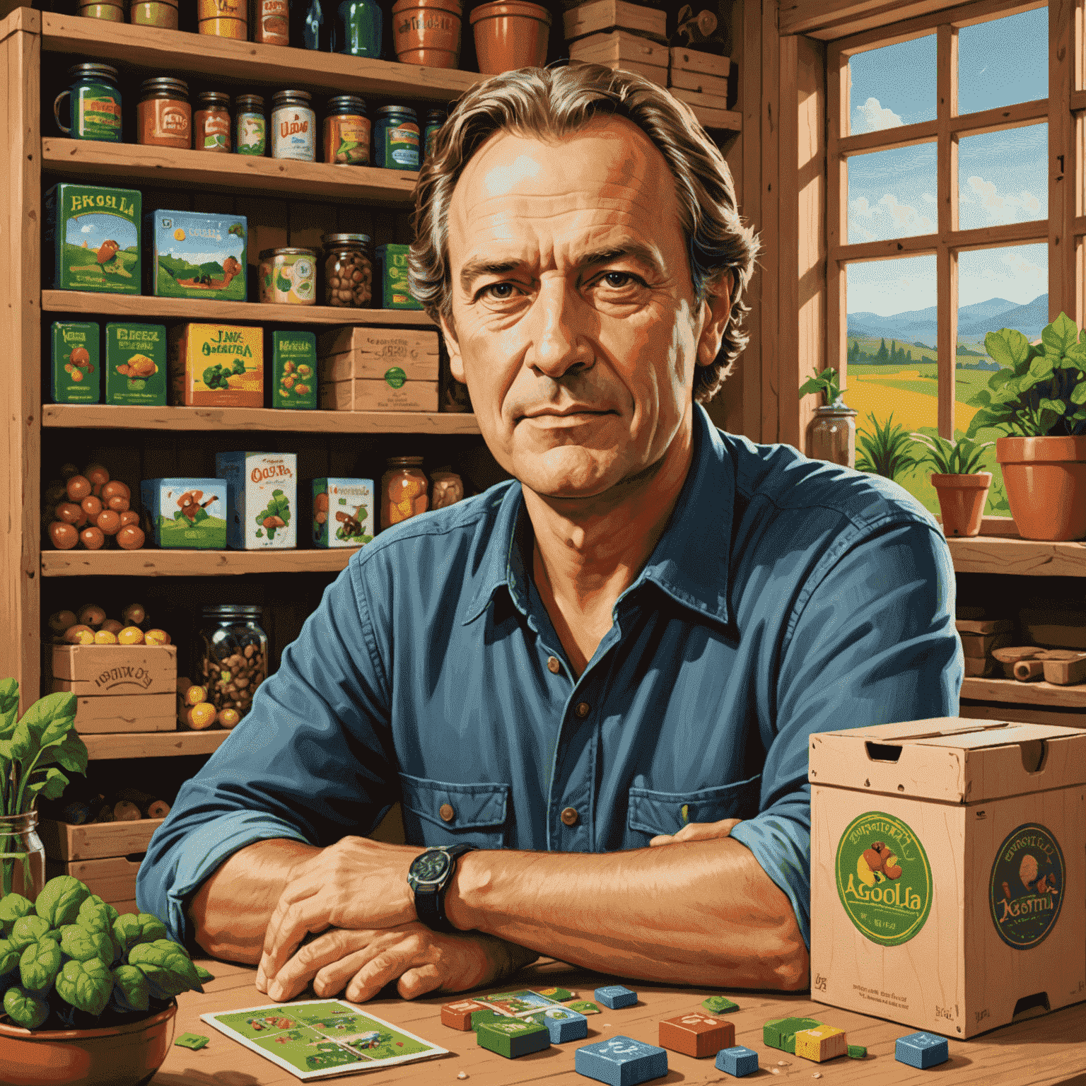 Uwe Rosenberg'in portresi. Arka planda Agricola oyununun kutusu ve oyun parçaları görünüyor.