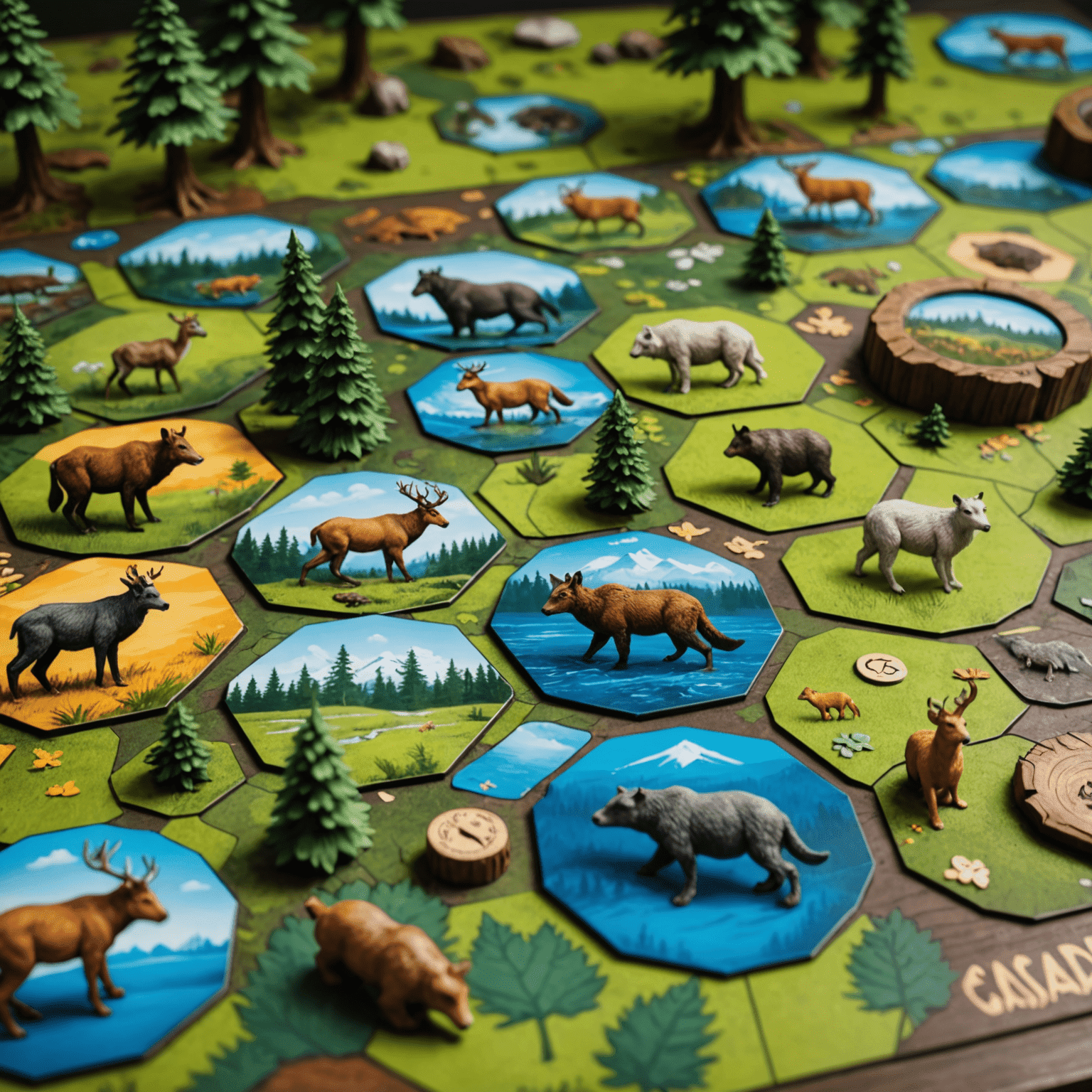 Cascadia: Vahşi Doğa oyun tahtası, hayvan figürleri ve habitat jetonları