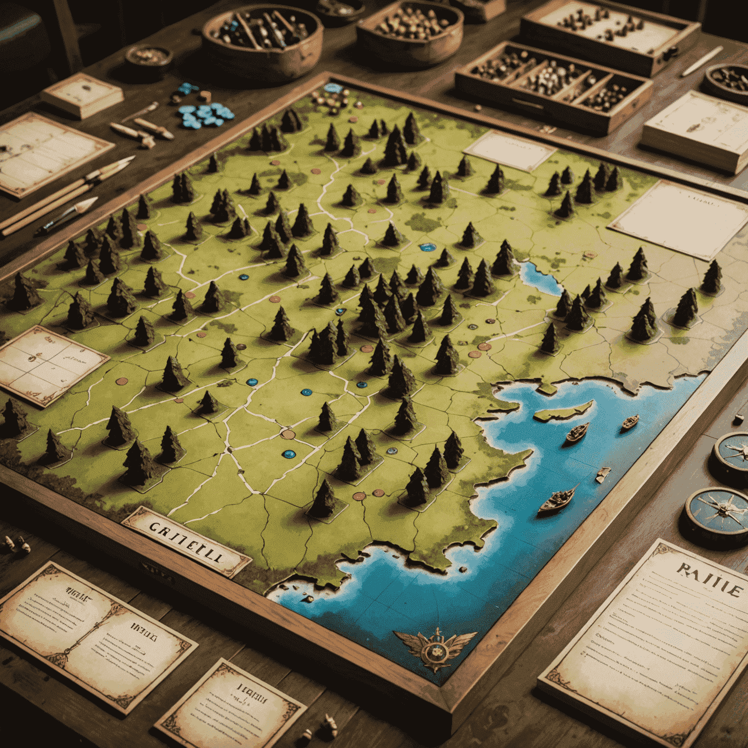 Karmaşık bir Avrupa tarzı masa oyununun oyun tahtası üzerinde strateji notları ve ok işaretleri.