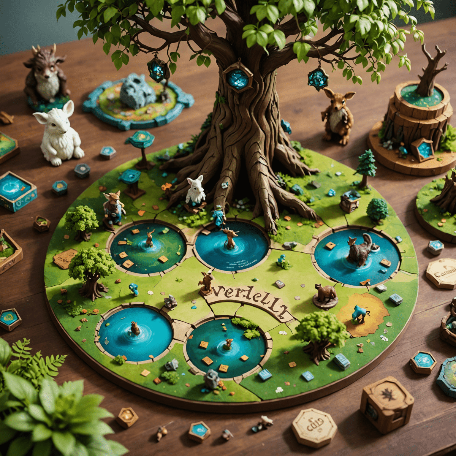 Everdell: Mistik Vadi oyun kurulumu, ağaç şeklinde oyun tahtası ve minyatür hayvan figürleri