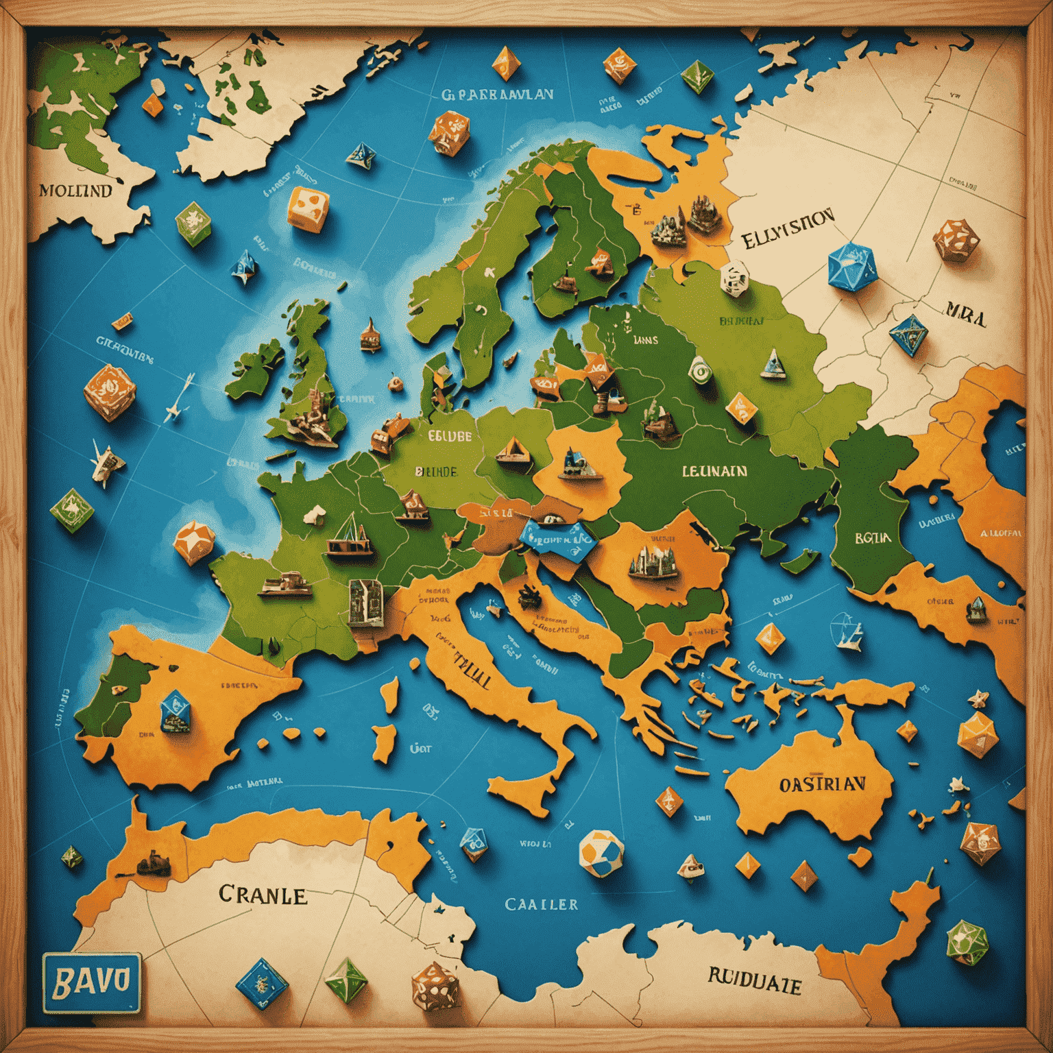 Dünya haritası üzerinde Avrupa'dan diğer kıtalara yayılan masa oyunu simgeleri.