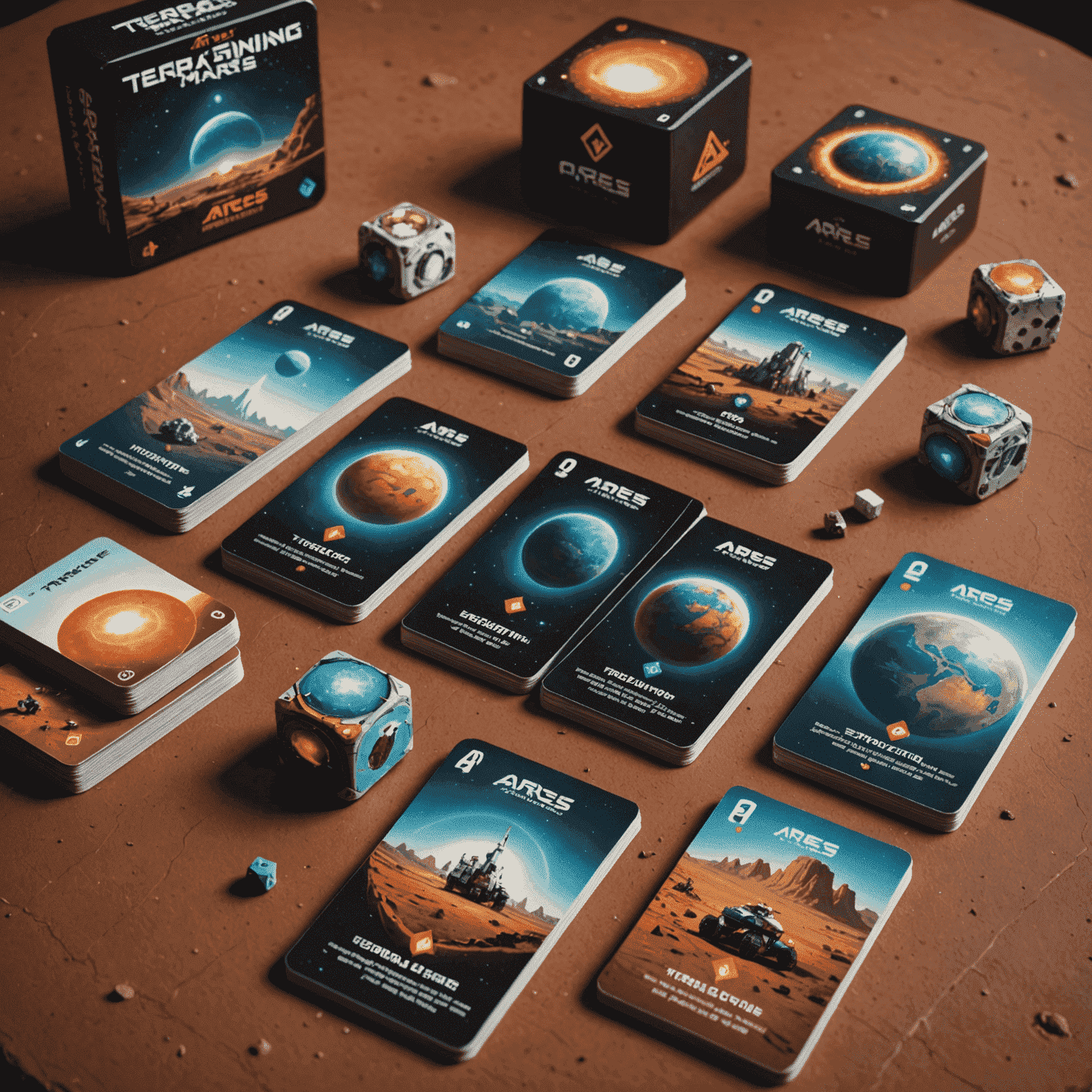 Terraforming Mars: Ares Projesi oyun kartları ve kaynak küpleri
