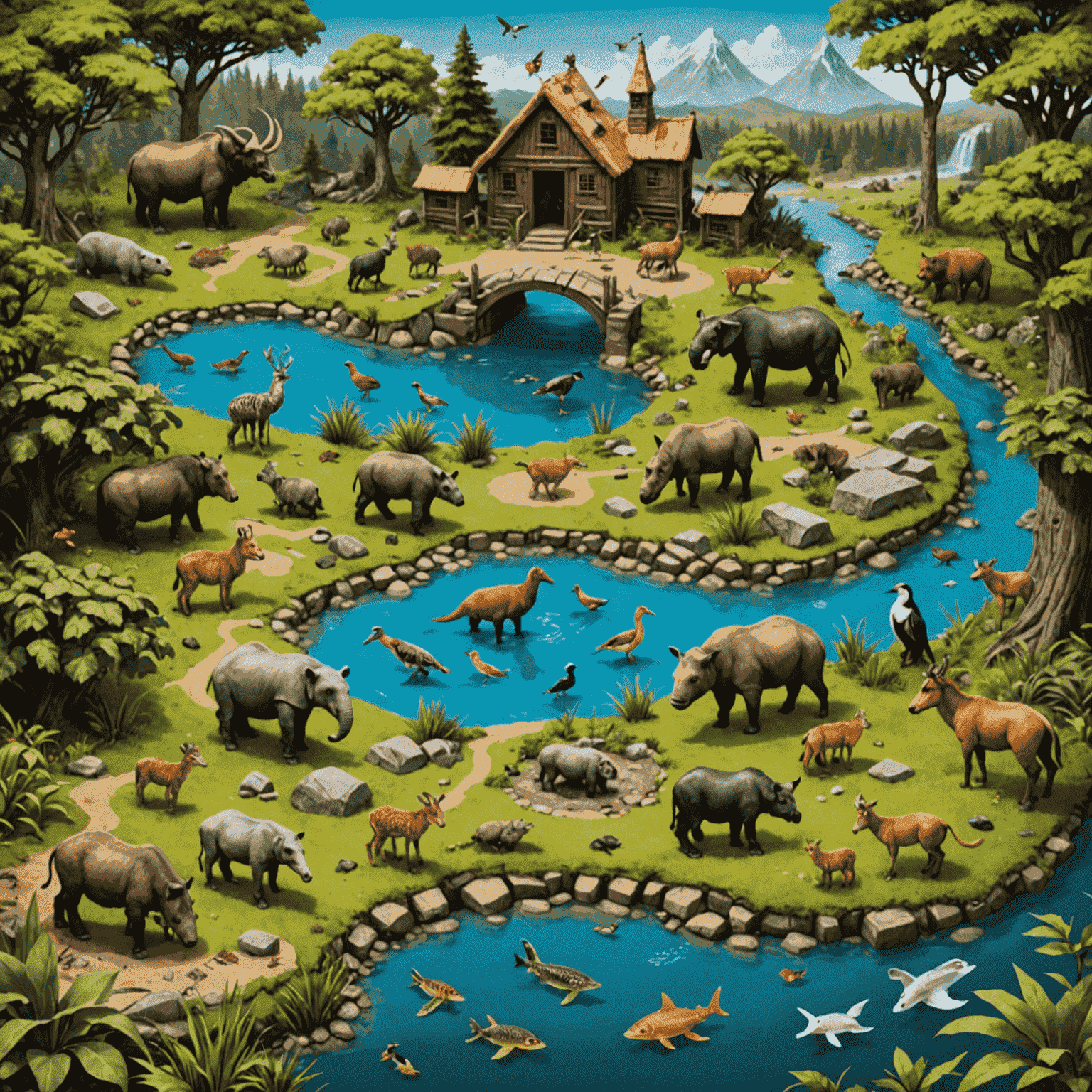 Ark Nova: Vahşi Yaşam oyun tahtası, hayvan kartları ve minyatür hayvanat bahçesi yapıları