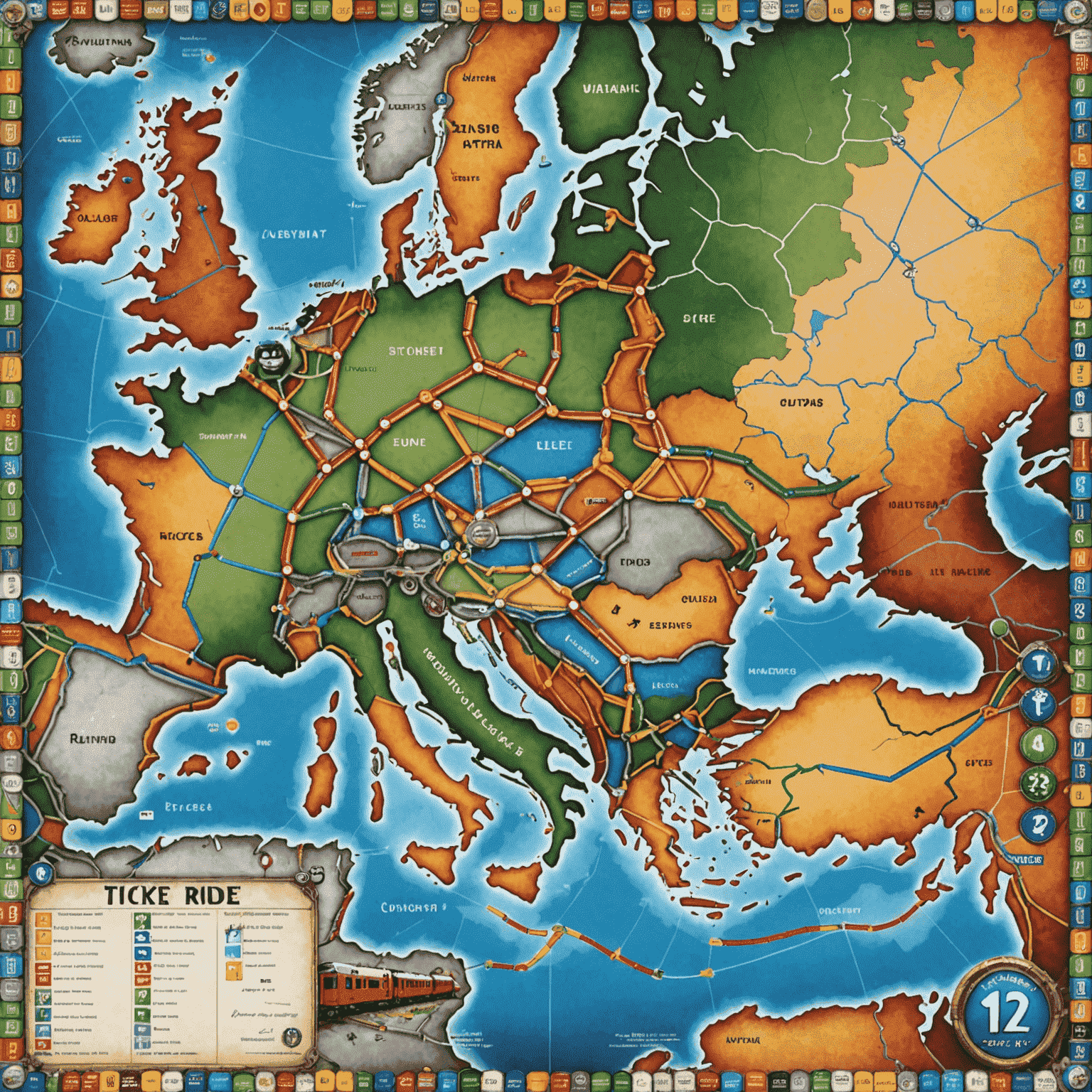 Ticket to Ride: Avrupa Ekspres oyun haritası, renkli tren vagonları ve rota kartları