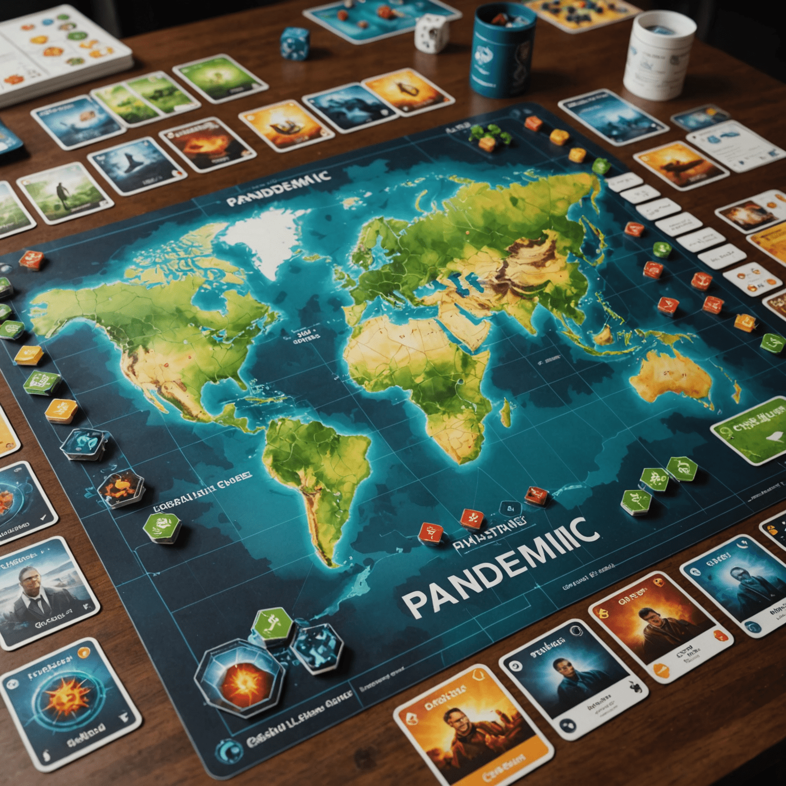 Pandemic: Küresel Kriz oyun tahtası, hastalık küpleri ve karakter kartları