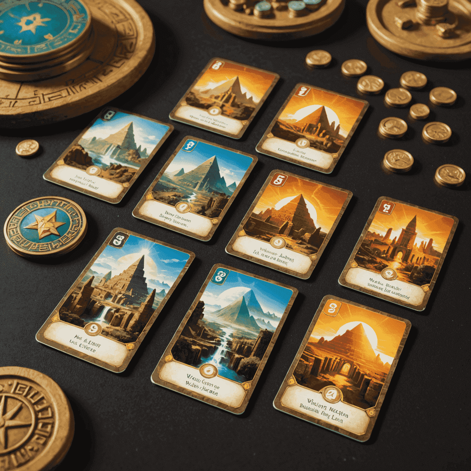 7 Wonders: Antik Çağ oyun kartları, harika yapı kartları ve kaynak jetonları
